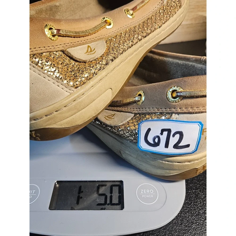 Sperry Boat‎ Shoe Women 9.5M Beige Angelfish Gold Glitter Preppy Loafer #672